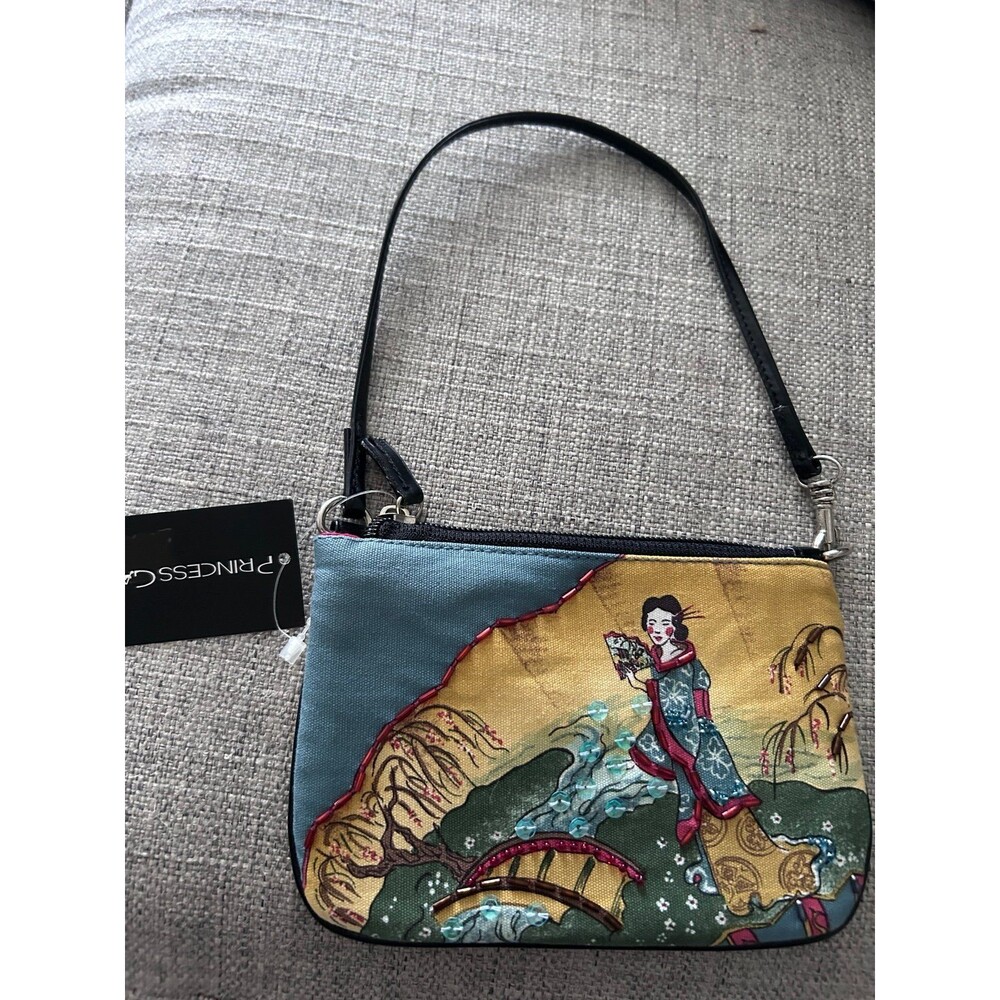 NWT Princess Asian Art Geisha Canvas Wristlet Shoulder Bag Beaded Sequins